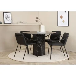 Ruokailuryhmä Venture Home, ⌀110cm musta Marbs-pöytä + 4 mustaa Tvist-tuolia