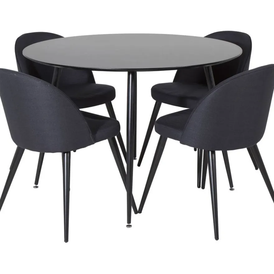 Ruokailuryhmä Venture Home, ⌀100cm musta Silar-pöytä + 4 mustaa Velvet-tuolia