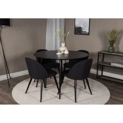 Ruokailuryhmä Venture Home, ⌀100cm musta Silar-pöytä + 4 mustaa Velvet-tuolia