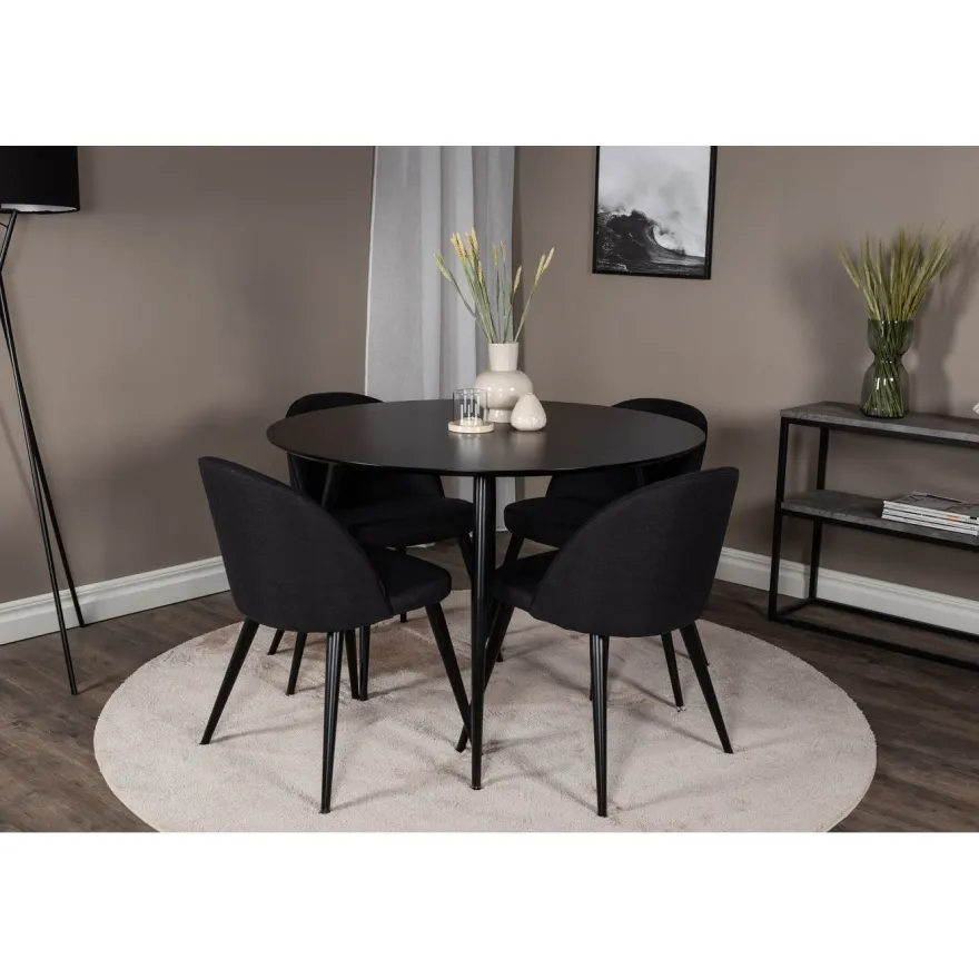 Ruokailuryhmä Venture Home, ⌀100cm musta Silar-pöytä + 4 mustaa Velvet-tuolia