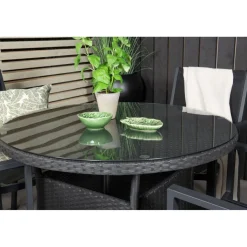 Ruokailuryhmä Venture Home, ø90cm musta Volta-pöytä + 4 pinottavaa Copacabana-tuolia