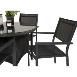 Ruokailuryhmä Venture Home, ø90cm musta Volta-pöytä + 4 pinottavaa Copacabana-tuolia