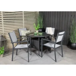 Ruokailuryhmä Venture Home, ø90cm musta Volta-pöytä + 4 pinottavaa Copacabana-tuolia