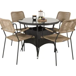 Ruokailuryhmä Venture Home, ø90cm musta Volta-pöytä + 4 ruskeaa Lindos-tuolia