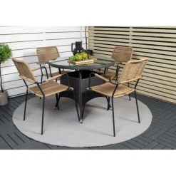 Ruokailuryhmä Venture Home, ø90cm musta Volta-pöytä + 4 ruskeaa Lindos-tuolia