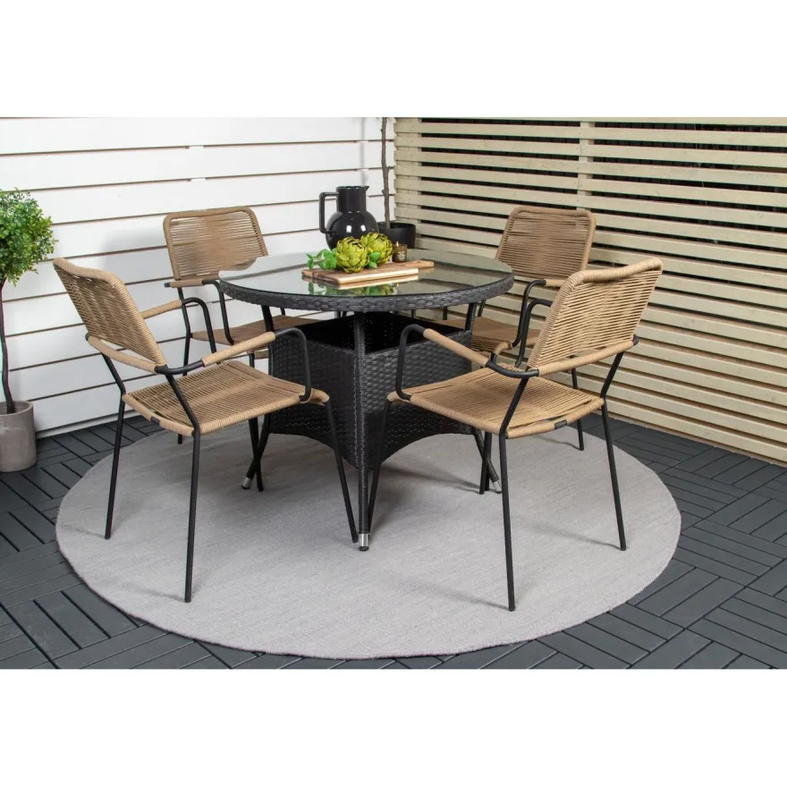 Ruokailuryhmä Venture Home, ø90cm musta Volta-pöytä + 4 ruskeaa Lindos-tuolia