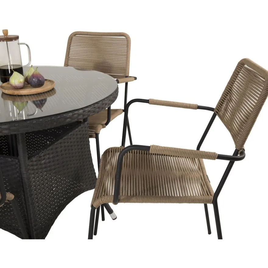 Ruokailuryhmä Venture Home, ø90cm musta Volta-pöytä + 4 ruskeaa Lindos-tuolia