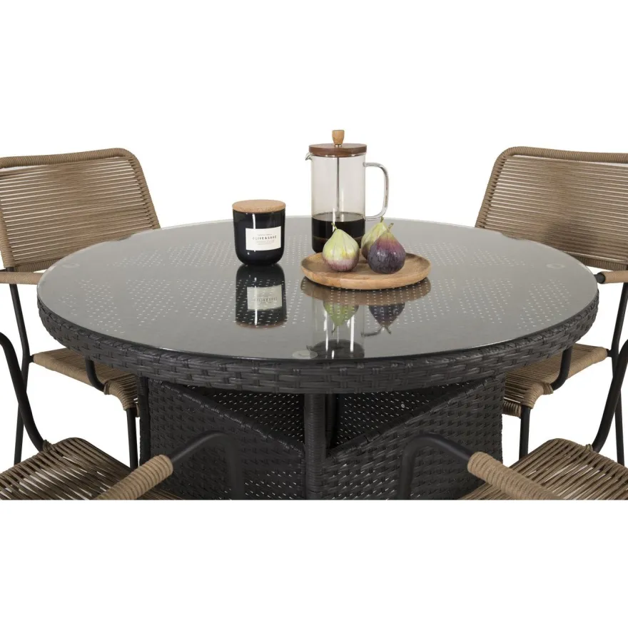 Ruokailuryhmä Venture Home, ø90cm musta Volta-pöytä + 4 ruskeaa Lindos-tuolia