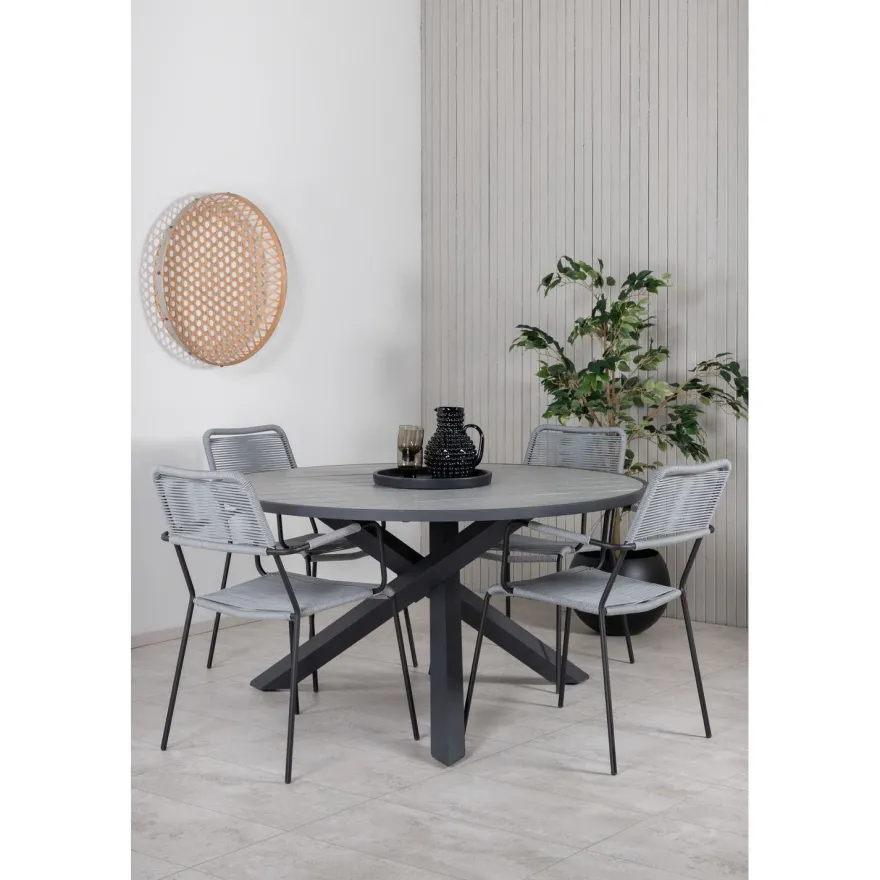 Ruokailuryhmä Venture Home, ø140cm Parma-pöytä + 4 harmaata Lindos-tuolia