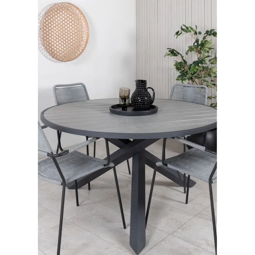Ruokailuryhmä Venture Home, ø140cm Parma-pöytä + 4 harmaata Lindos-tuolia