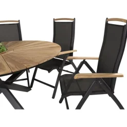 Ruokailuryhmä Venture Home, ø140cm tiikki/musta Mexico-pöytä + 6 mustaa Panama-säätötuolia