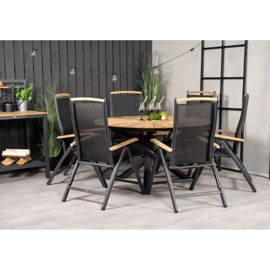 Ruokailuryhmä Venture Home, ø140cm tiikki/musta Mexico-pöytä + 6 mustaa Panama-säätötuolia
