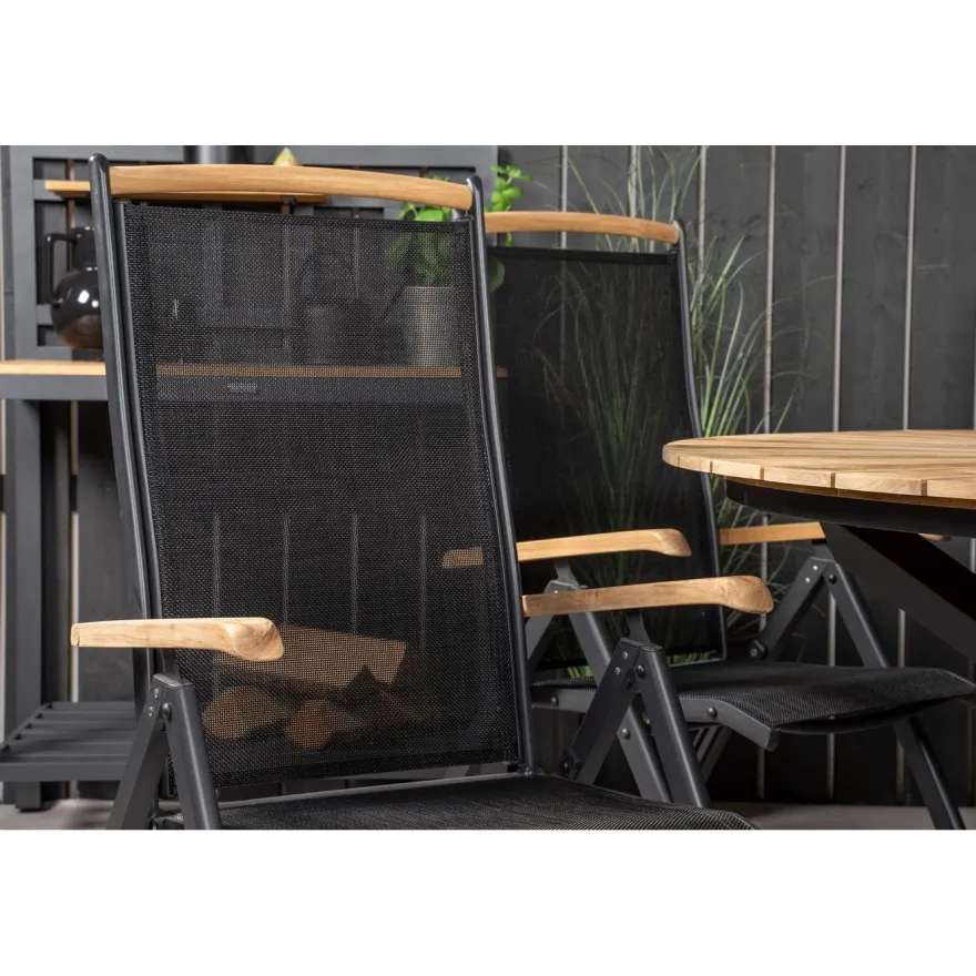 Ruokailuryhmä Venture Home, ø140cm tiikki/musta Mexico-pöytä + 6 mustaa Panama-säätötuolia