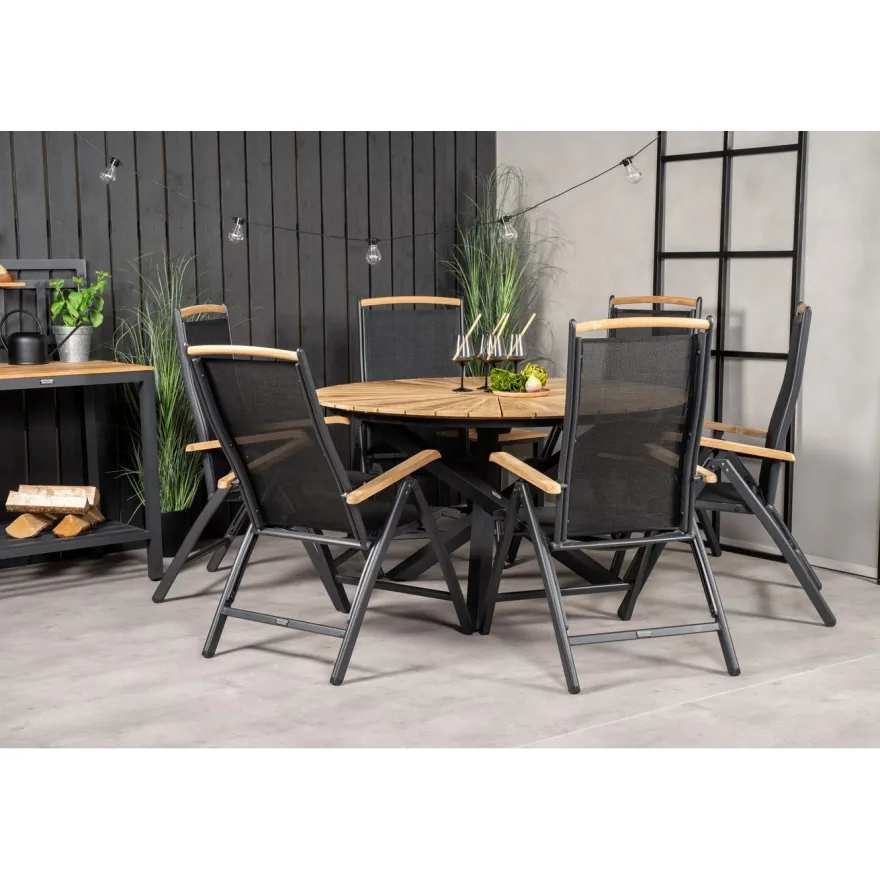 Ruokailuryhmä Venture Home, ø140cm tiikki/musta Mexico-pöytä + 6 mustaa Panama-säätötuolia
