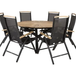 Ruokailuryhmä Venture Home, ø140cm tiikki/musta Mexico-pöytä + 6 mustaa Panama-säätötuolia