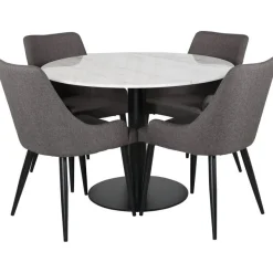 Ruokailuryhmä Venture Home, ⌀106cm valkoinen Estelle-pöytä + 4 harmaata Plaza-tuolia