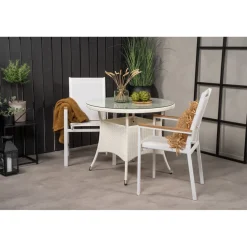 Ruokailuryhmä Venture Home, ø90cm valkoinen Volta-pöytä + 2 valkoista, pinottavaa Texas-tuolia