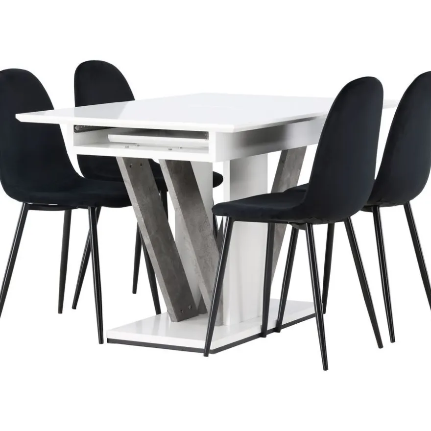 Ruokailuryhmä Venture Home, jatkettava Disa-pöytä + 4 mustaa Polar-tuolia