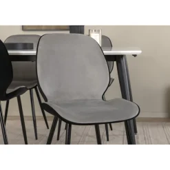 Ruokailuryhmä Venture Home, jatkettava Jimmy-pöytä + 4 musta-harmaata Emma-tuolia, sametti