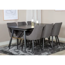 Ruokailuryhmä Venture Home, jatkettava, musta Gold-pöytä + 6 tummanharmaata Plaza-tuolia