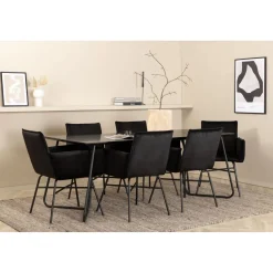 Ruokailuryhmä Venture Home, musta 190x90cm Petra-pöytä + 6 mustaa Petra-tuolia, sametti