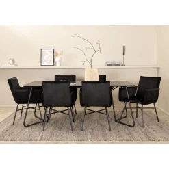 Ruokailuryhmä Venture Home, musta 190x90cm Petra-pöytä + 6 mustaa Petra-tuolia, sametti