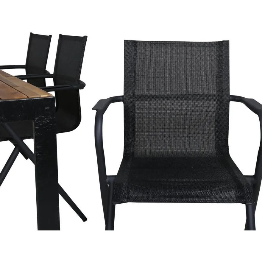 Ruokailuryhmä Venture Home, 205x90cm akaasia/musta Bois-pöytä + 6 mustaa Alina-tuolia