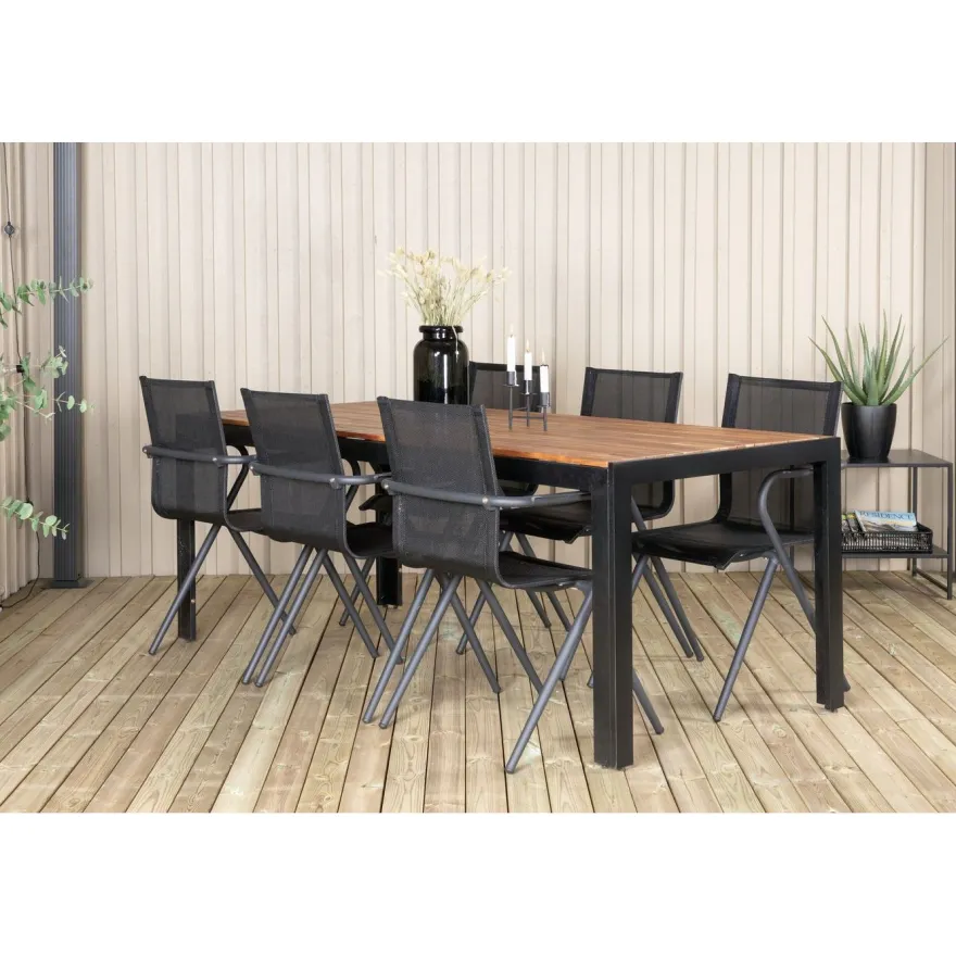 Ruokailuryhmä Venture Home, 205x90cm akaasia/musta Bois-pöytä + 6 mustaa Alina-tuolia