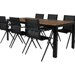 Ruokailuryhmä Venture Home, 205x90cm akaasia/musta Bois-pöytä + 6 mustaa Alina-tuolia