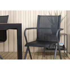 Ruokailuryhmä Venture Home, 205x90cm akaasia/musta Bois-pöytä + 6 mustaa Alina-tuolia
