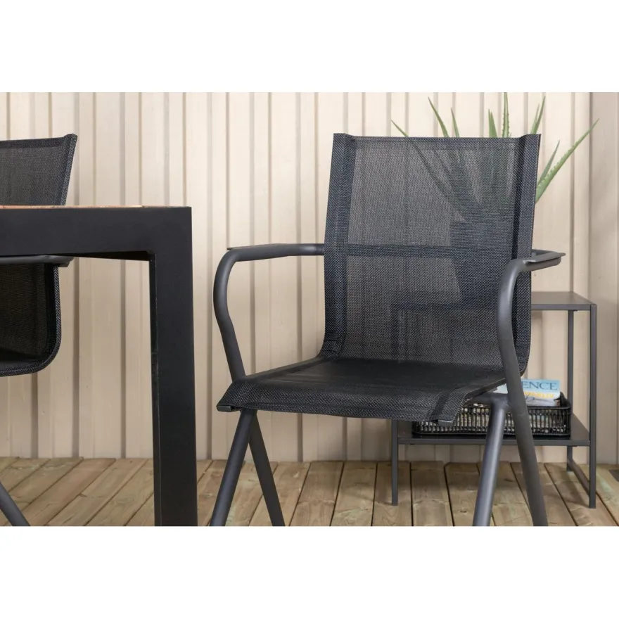 Ruokailuryhmä Venture Home, 205x90cm akaasia/musta Bois-pöytä + 6 mustaa Alina-tuolia