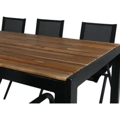 Ruokailuryhmä Venture Home, 205x90cm akaasia/musta Bois-pöytä + 6 mustaa Alina-tuolia