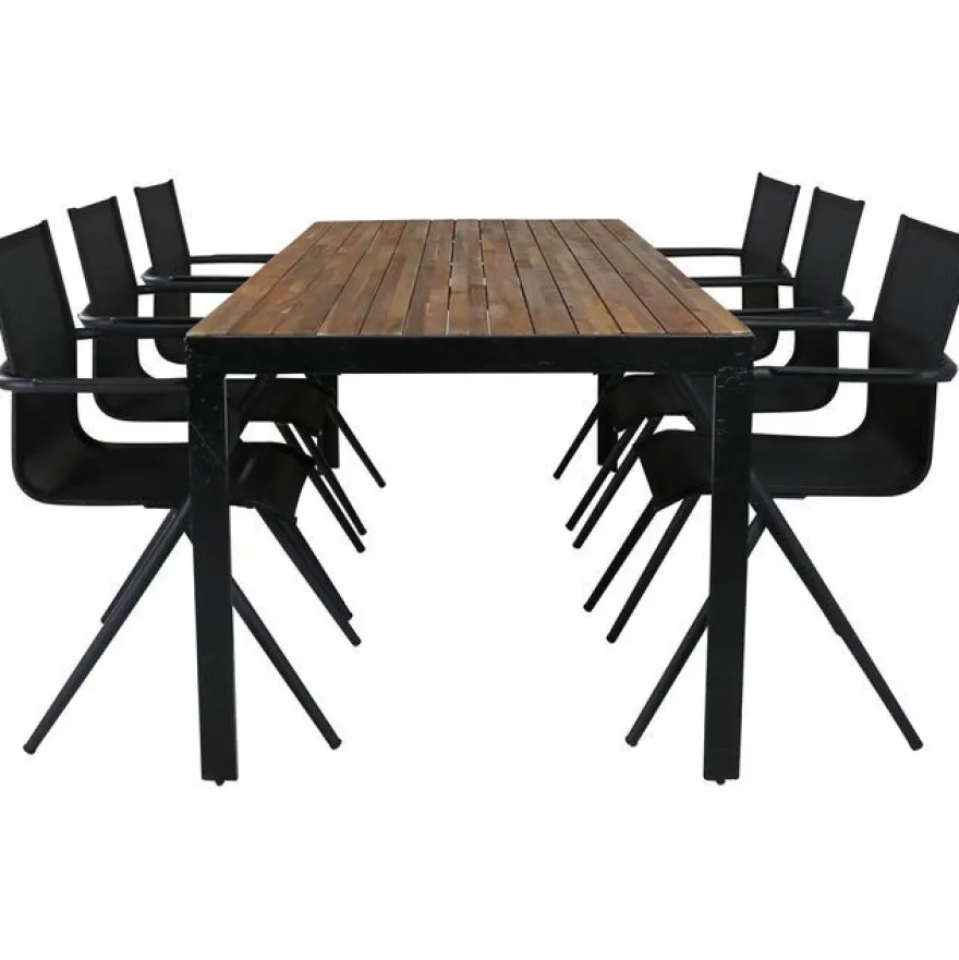 Ruokailuryhmä Venture Home, 205x90cm akaasia/musta Bois-pöytä + 6 mustaa Alina-tuolia