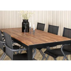 Ruokailuryhmä Venture Home, 205x90cm akaasia/musta Bois-pöytä + 6 mustaa Alina-tuolia