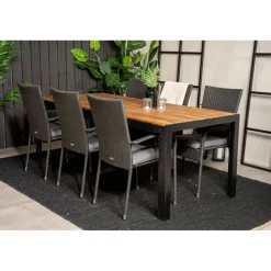 Ruokailuryhmä Venture Home, 205x90cm akaasia/musta Bois-pöytä + 6 mustaa, pinottavaa Anna-säätötuolia