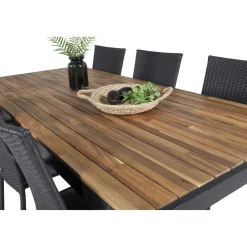 Ruokailuryhmä Venture Home, 205x90cm akaasia/musta Bois-pöytä + 6 mustaa, pinottavaa Anna-säätötuolia
