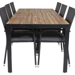 Ruokailuryhmä Venture Home, 205x90cm akaasia/musta Bois-pöytä + 6 mustaa, pinottavaa Anna-säätötuolia