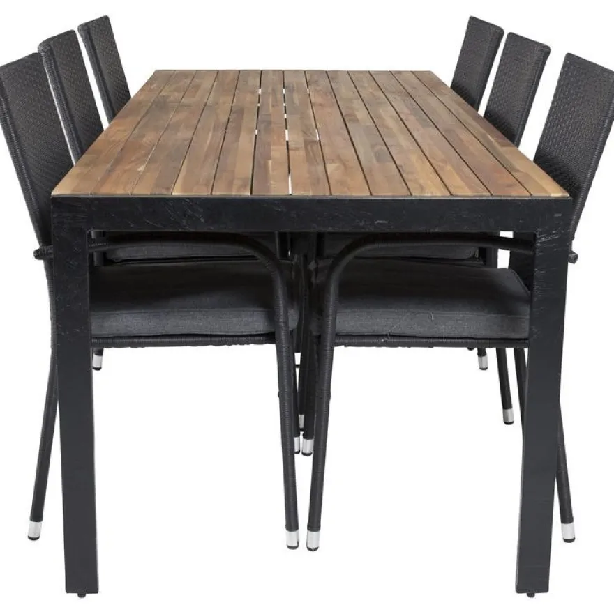 Ruokailuryhmä Venture Home, 205x90cm akaasia/musta Bois-pöytä + 6 mustaa, pinottavaa Anna-säätötuolia