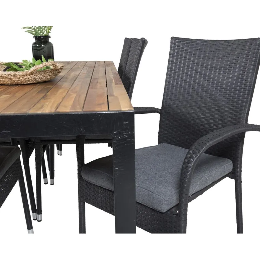 Ruokailuryhmä Venture Home, 205x90cm akaasia/musta Bois-pöytä + 6 mustaa, pinottavaa Anna-säätötuolia