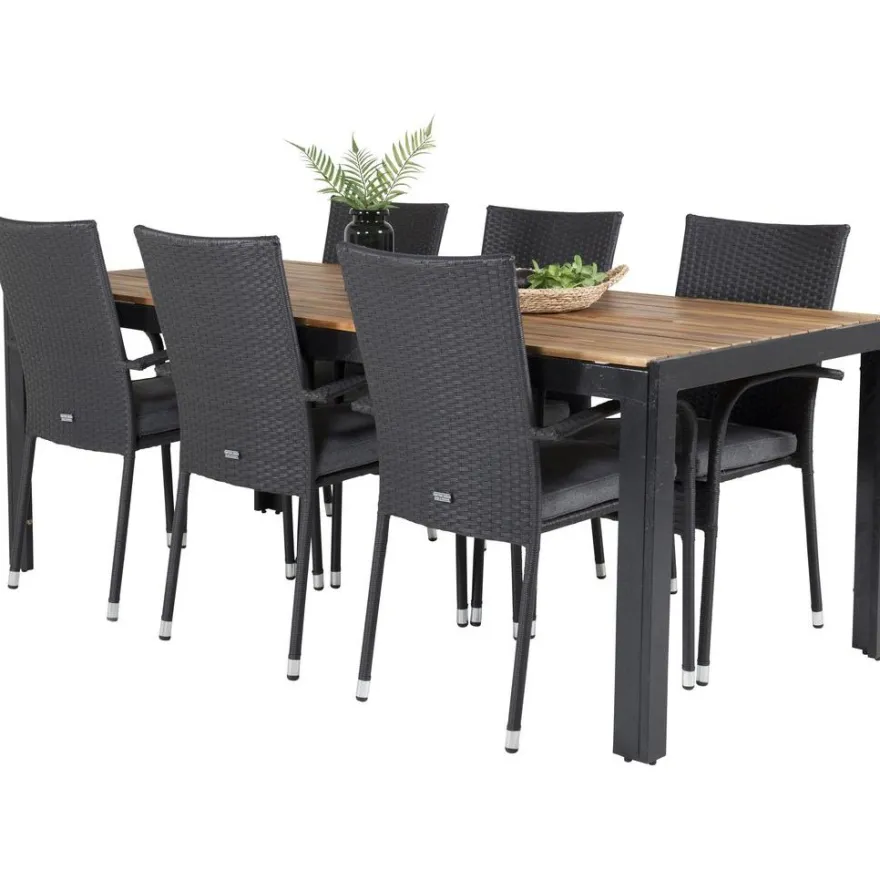 Ruokailuryhmä Venture Home, 205x90cm akaasia/musta Bois-pöytä + 6 mustaa, pinottavaa Anna-säätötuolia