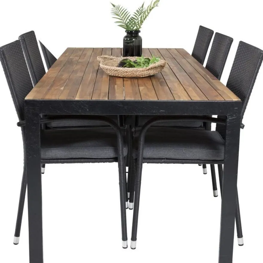 Ruokailuryhmä Venture Home, 205x90cm akaasia/musta Bois-pöytä + 6 mustaa, pinottavaa Anna-säätötuolia