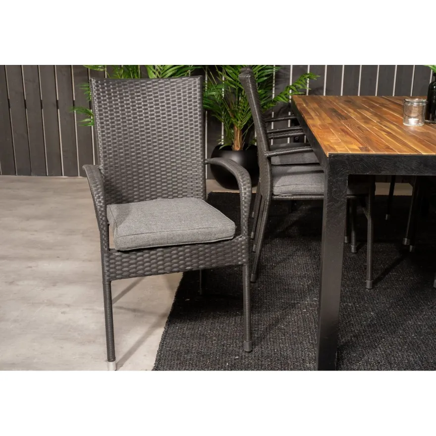 Ruokailuryhmä Venture Home, 205x90cm akaasia/musta Bois-pöytä + 6 mustaa, pinottavaa Anna-säätötuolia