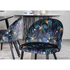 Ruokailuryhmä Venture Home, 180x90cm Dipp-pöytä + 6 mustaa Velvet-tuolia, kukkakuosi