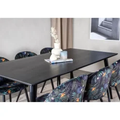 Ruokailuryhmä Venture Home, 180x90cm Dipp-pöytä + 6 mustaa Velvet-tuolia, kukkakuosi