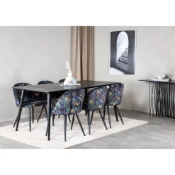 Ruokailuryhmä Venture Home, 180x90cm Dipp-pöytä + 6 mustaa Velvet-tuolia, kukkakuosi