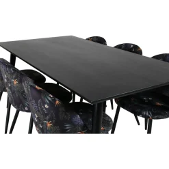Ruokailuryhmä Venture Home, 180x90cm Dipp-pöytä + 6 mustaa Velvet-tuolia, kukkakuosi
