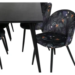 Ruokailuryhmä Venture Home, 180x90cm Dipp-pöytä + 6 mustaa Velvet-tuolia, kukkakuosi