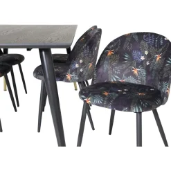 Ruokailuryhmä Venture Home, 180x90cm Dipp-pöytä + 6 mustaa Velvet-tuolia, kukkakuosi