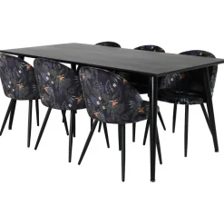 Ruokailuryhmä Venture Home, 180x90cm Dipp-pöytä + 6 mustaa Velvet-tuolia, kukkakuosi