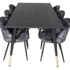 Ruokailuryhmä Venture Home, 180x90cm Dipp-pöytä + 6 mustaa Velvet-tuolia, kukkakuosi
